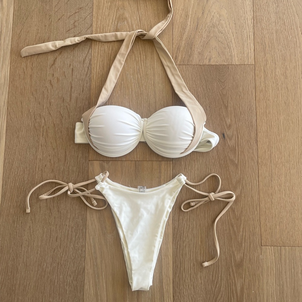 SHEIN White Bikini Set with Beige Ties